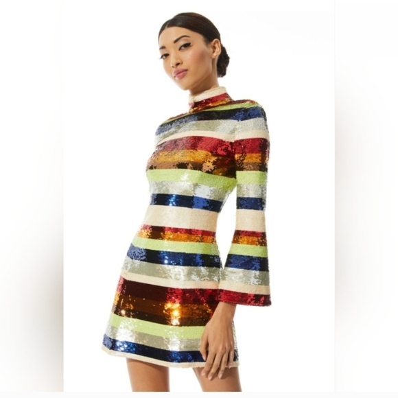 Alice + Olivia Mailynn Sequin Striped Multicolored Mini Dress SIZE 12 NWT $985 - Picture 7 of 16